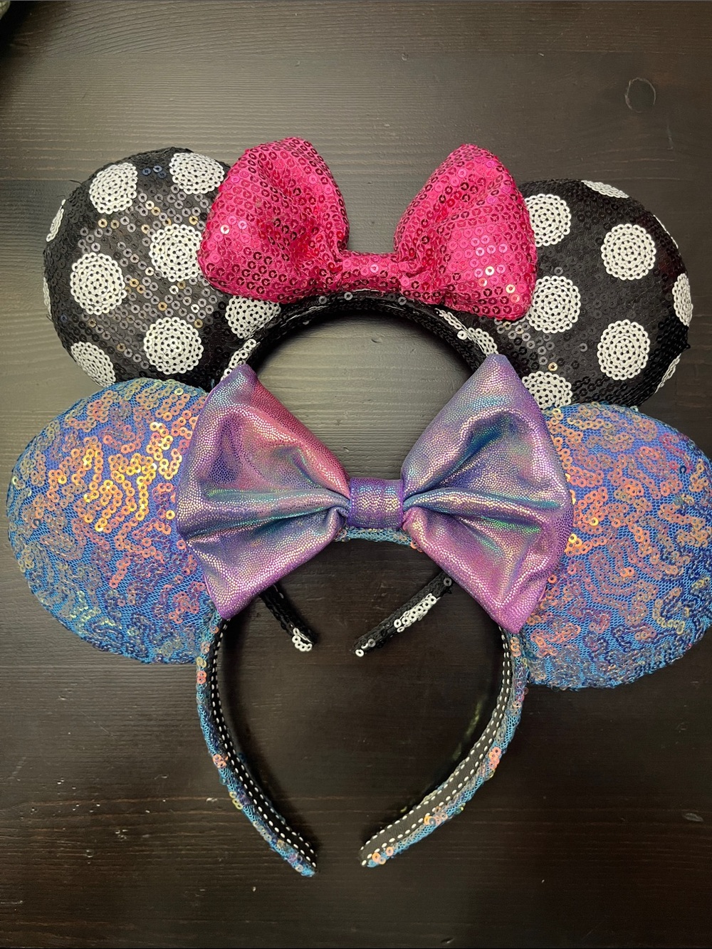 Disney Sequin Minnie Ears Headbands with Pink and Iridescent Bows